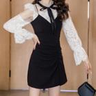 Set: Long-sleeve Lace Top + Mini A-line Pinafore Dress