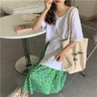 Elbow-sleeve Slit-hem T-shirt / Floral Print Midi A-line Skirt