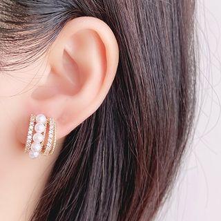 Faux Pearl Alloy Earring 1 Pair - Clip On Earrings - White & Gold - One Size