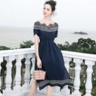 Short-sleeve Lace Paneled A-line Dress