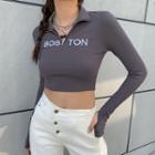 Long-sleeve Letter Embroidered Crop Top
