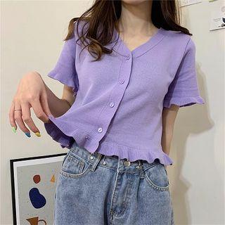 Plain V-neck Single-breasted Ruffled-trim Short-sleeve Cardigan