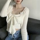 Set: Lace Trim Cardigan + Bow Accent Cropped Camisole Top