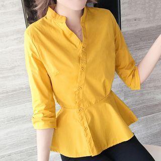 Elbow-sleeve Stand Collar Peplum Blouse