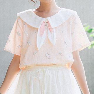 Sailor Collar Rabbit Print Short-sleeve Blouse