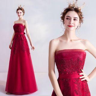Strapless Floral Embroidered Mesh A-line Evening Gown