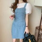 Puff Sleeve Plain Top / Denim Pinafore Dress / Set