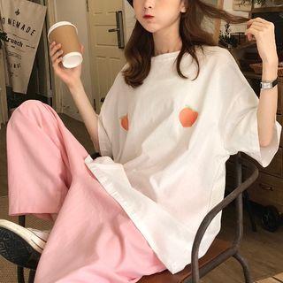 3/4-sleeve Peach Printed T-shirt / Cropped Wide-leg Pants