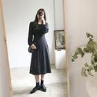 Tie-waist Dotted Long Flare Dress Black - One Size