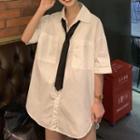 Short-sleeve Long Shirt With Tie White With Tie - One Size