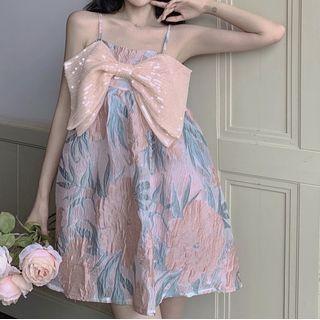 Spaghetti Strap Bow Floral Print A-line Dress