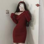 Asymmetric Ribbed Knit Dress Red - One Size