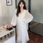 Long-sleeve V-neck Plain Maxi Dress Dress - White & Slipdress - White - One Size