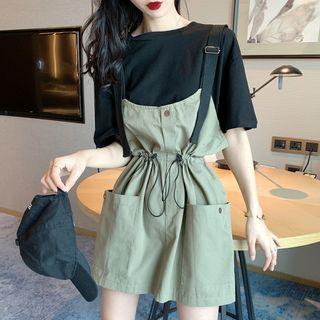 Set: Elbow-sleeve T-shirt + A-line Mini Cargo Suspender Dress