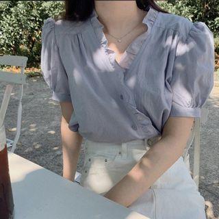 Puff Sleeve V-neck Plain Frill Trim Chiffon Blouse