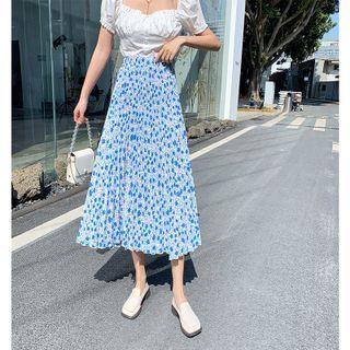Floral Print Midi A-line Skirt Floral Print - Blue - One Size