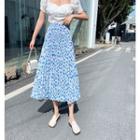 Floral Print Midi A-line Skirt Floral Print - Blue - One Size