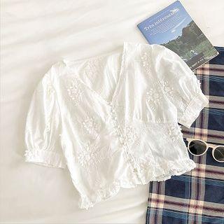 Plain V-neck Single-breasted Short-sleeve Blouse White - One Size