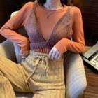 Long-sleeve Top / Knit Cropped Camisole Top / Ribbed Knit Wide Leg Pants