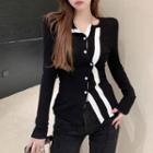 Long-sleeve Button-up Striped Knit Top Black - One Size