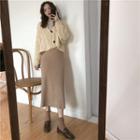 Cable Knit Cardigan / Long-sleeve Mock Neck T-shirt / Straight Fit Midi Skirt