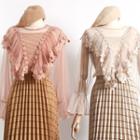 Flower Applique Ruffle Trim Mesh Blouse