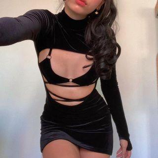 Set: Long-sleeve Mock-neck Cutout Mini Bodycon Dress + Tie-waist Bralette