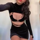 Set: Long-sleeve Mock-neck Cutout Mini Bodycon Dress + Tie-waist Bralette