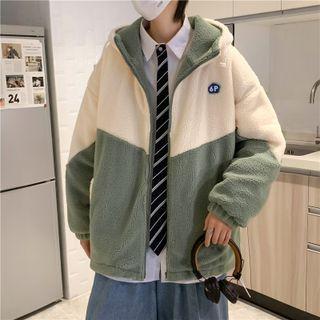 Two-tone Hooded Faux Shearling Zip Jacket