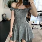 Plaid Off-shoulder Short-sleeve Mini A-line Dress Gray - One Size