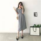 Square-neck Puff-sleeve Long Check Dress
