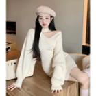 Long-sleeve V-neck Off-shoulder Slim-fit Knit Dress