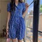 Puff-sleeve Floral Print Slim-fit Mini Dress Blue - One Size