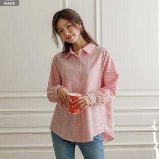 Balloon-sleeve Button-side Stripe Shirt