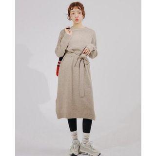 Tie-waist Long-sleeve Midi Knit Dress