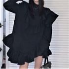 Plain Ruffle Trim Mini Dress Black - One Size