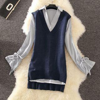 Set: V-neck Striped Shirt + V-neck Knitted Vest
