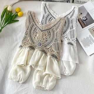 Long-sleeve Knit Panel Sheer Frill Trim Top