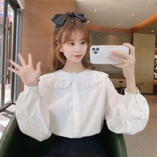 Lace Trim Collared Puff-sleeve Blouse White - One Size