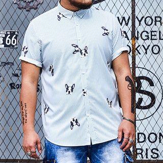 Dog Print Striped Short Sleeve Shirt