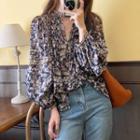 Flower Print Puff-sleeve Blouse Floral - Navy Blue - One Size