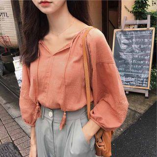 Long Puff-sleeve Tasseled Top