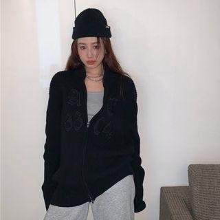 Lettering Embroidered Zip Cardigan Black - One Size