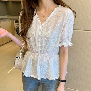 Floral Embroidered Short-sleeve V-neck Blouse