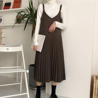 V-neck Pleated Hem Midi Pinafore Dress