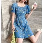 Short-sleeve Denim Floral Printed Dress