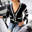 Contrast Fringe-trim Buttoned Cardigan