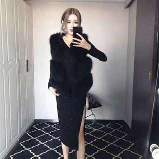 Long-sleeved Slit-front V-neck Plain Slim Long Sheath Dress