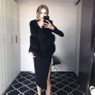 Long-sleeved Slit-front V-neck Plain Slim Long Sheath Dress