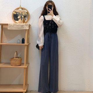 Spaghetti Strap Top / Plain Top / Wide-leg Pants / Set